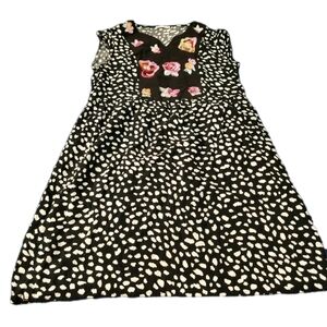 Womens Black White Dot Floral Embroidered V Neck Dress Sz XL Boho Casual Flowy